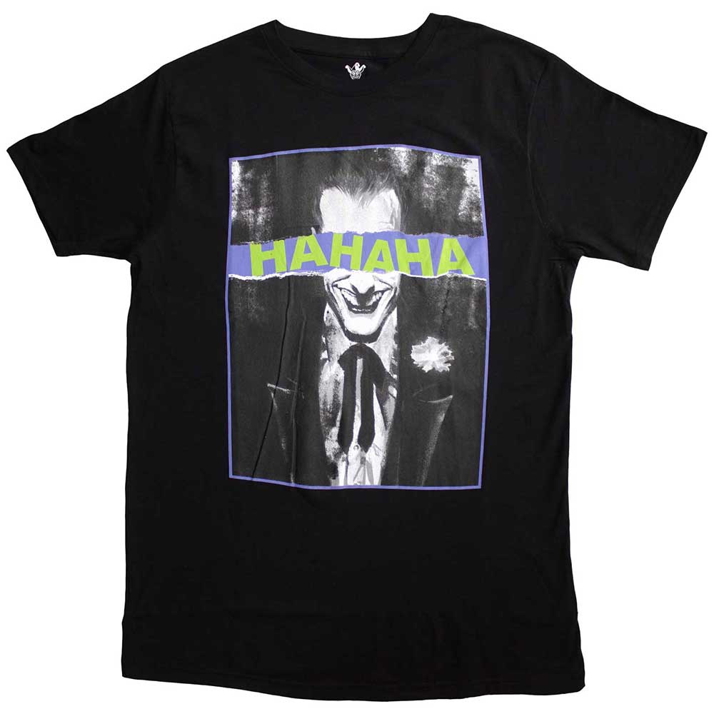 Black t-shirt featuring Joker’s face with exaggerated, laughing eyes.