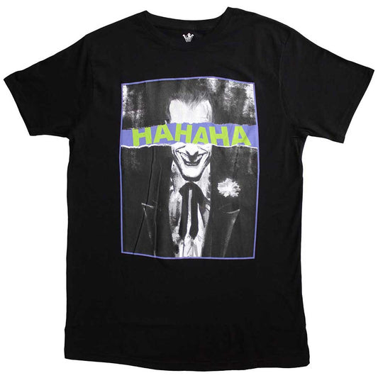 Black t-shirt featuring Joker’s face with exaggerated, laughing eyes.