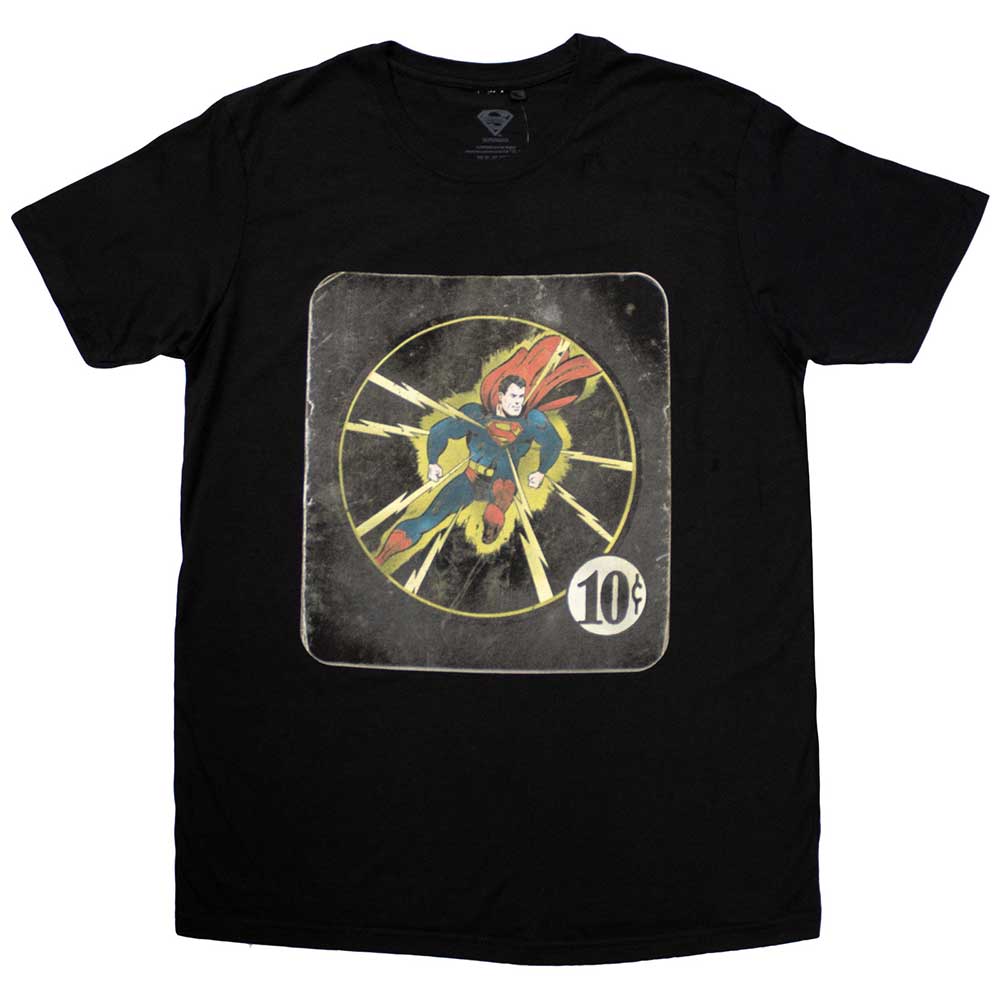 Black t-shirt with a vintage Superman comic book cover design.