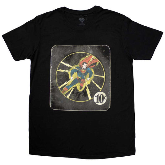Black t-shirt with a vintage Superman comic book cover design.