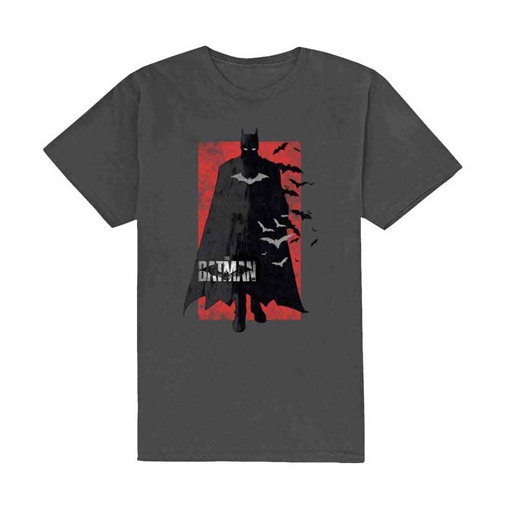 Gray Batman t-shirt with distressed logo of the hero and bats.