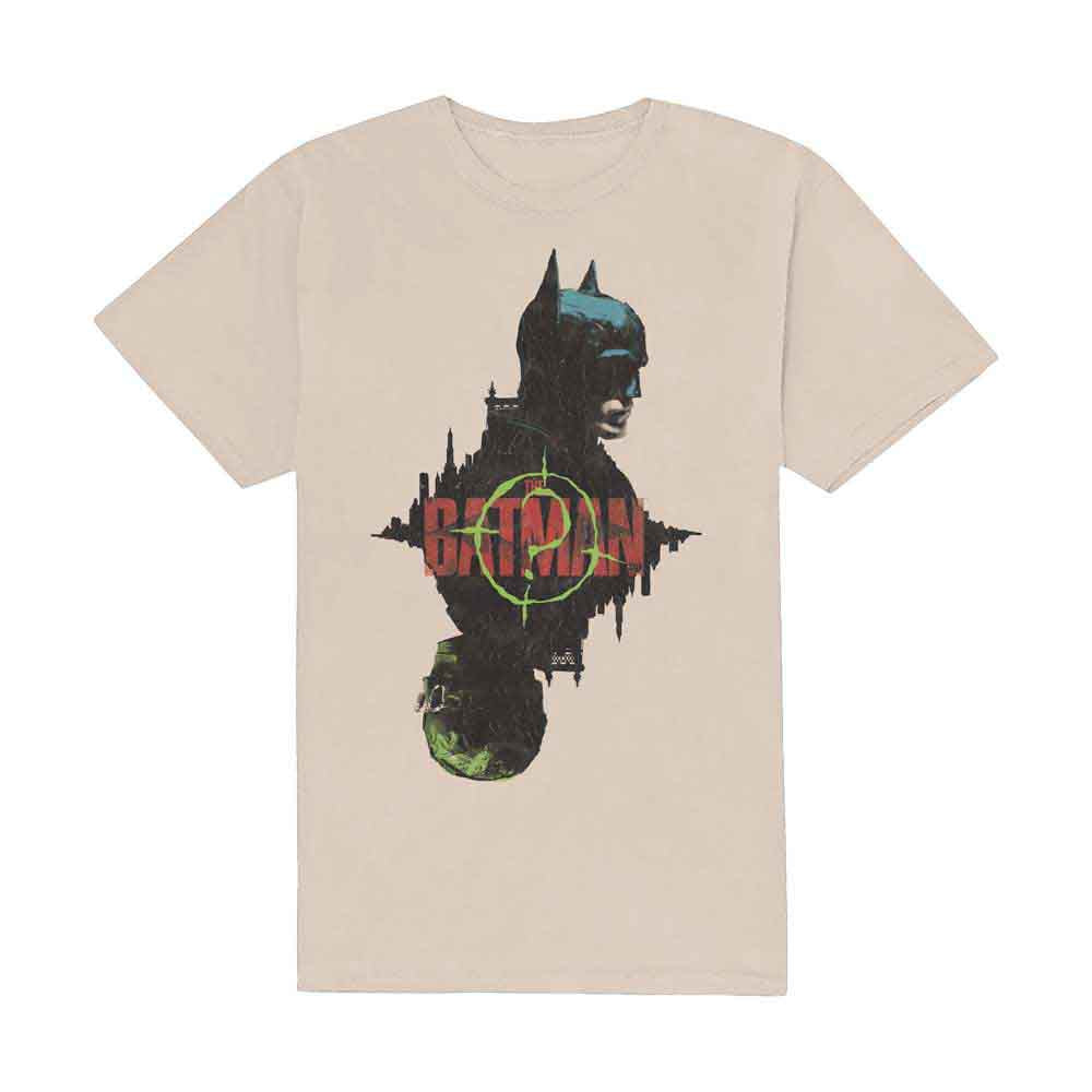 Beige t-shirt with Batman logo and city skyline graphic.