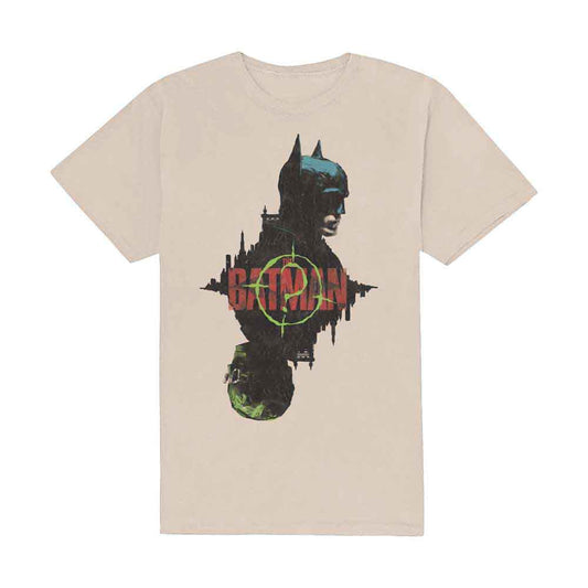 Beige t-shirt with Batman logo and city skyline graphic.