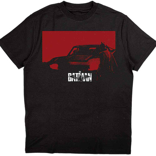 Red Batman car graphic on a unisex black t-shirt, size large.