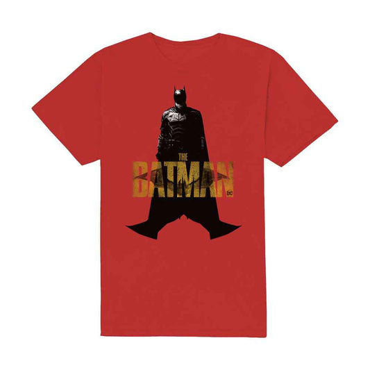 Red t-shirt with a black and gold Batman graphic on the front.