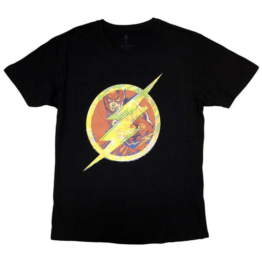 Small black t-shirt featuring The Flash’s red lightning bolt logo.