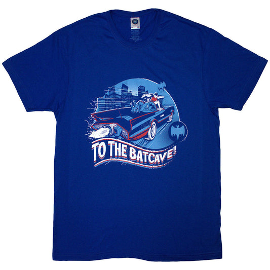 Dark t-shirt with “To The Batcave” text, DC Comics logo, small size.