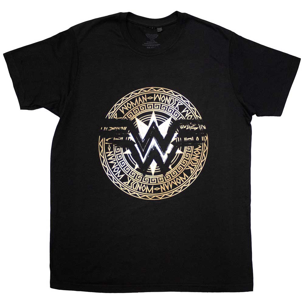 Wonder Woman gold circle logo on a medium-sized unisex t-shirt.