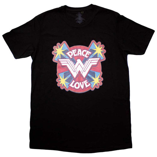 Black t-shirt with Wonder Woman's logo and the words "Peace & Love".