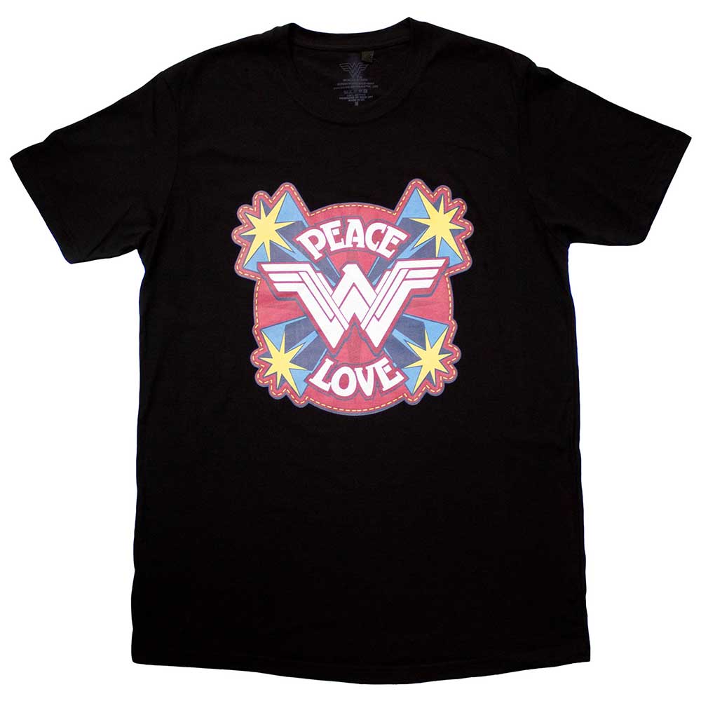 Black t-shirt with Wonder Woman's logo and the words "Peace & Love".