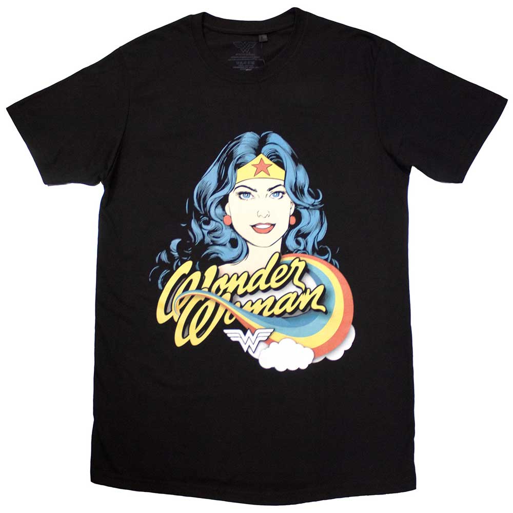 Wonder Woman t-shirt, rainbow colored design, small size, DC Comics logo.
