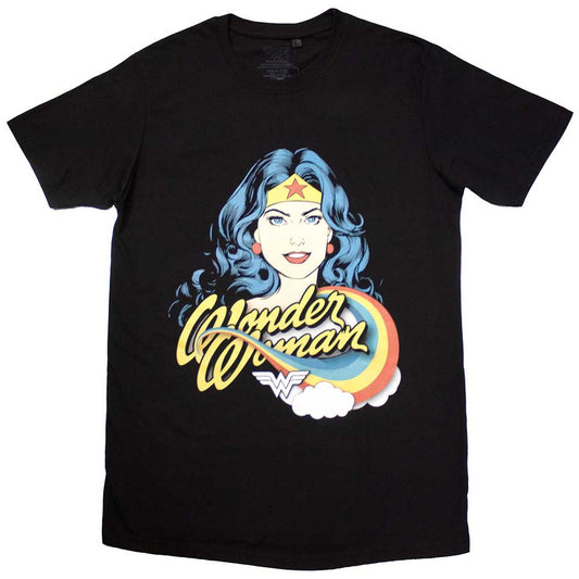 Wonder Woman t-shirt, rainbow colored design, small size, DC Comics logo.