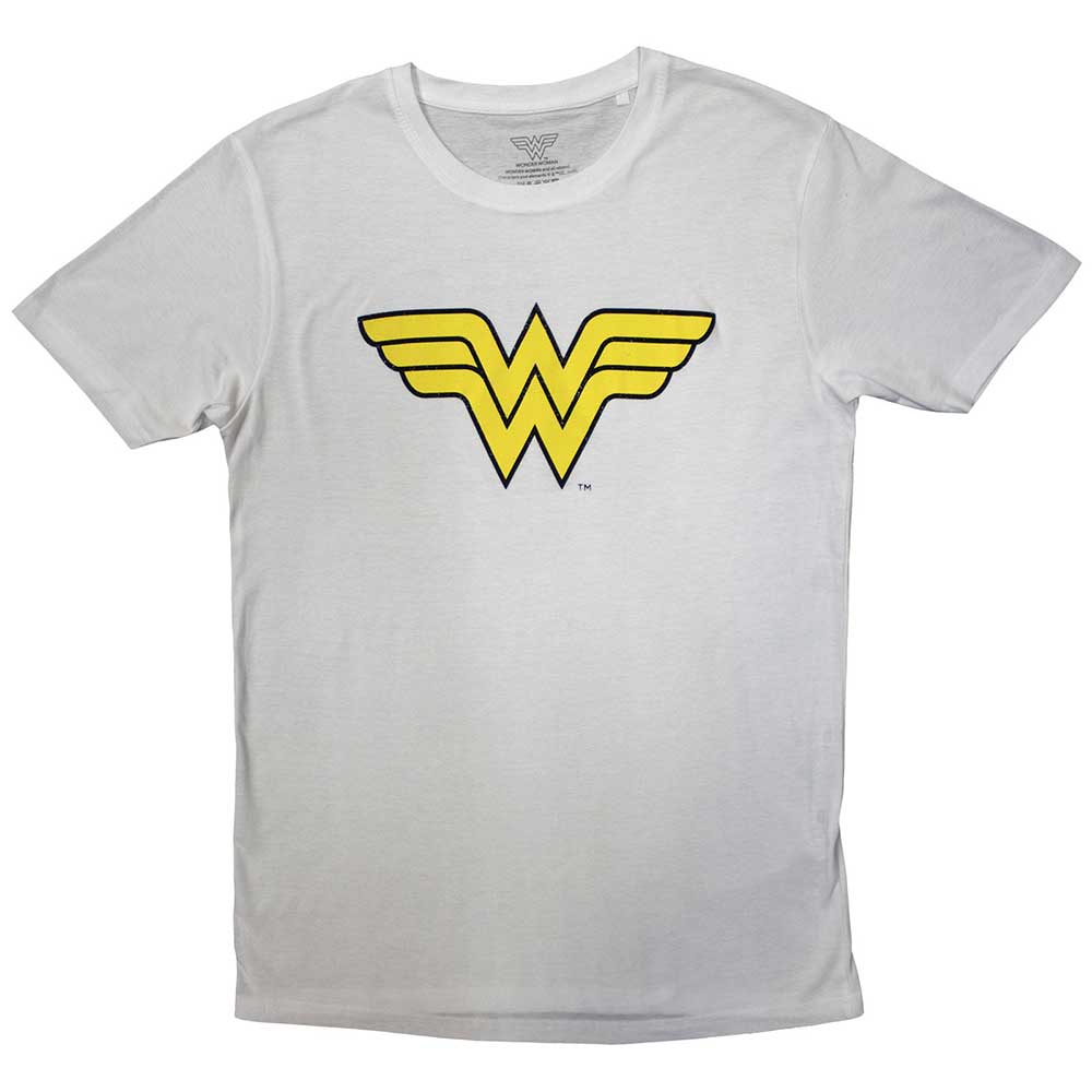Yellow Wonder Woman logo on a medium-sized, unisex DC Comics t-shirt.