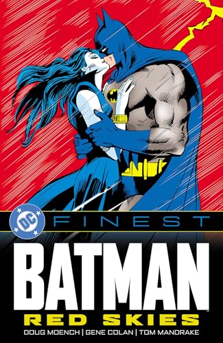 Batman embracing a woman against a red, striped background.