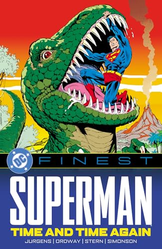 Superman holds open the jaws of a giant green dinosaur against a volcanic background.