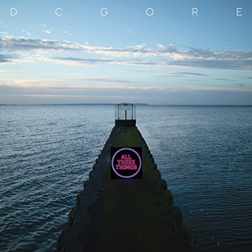 CD cover: seascape with a long pier and neon text.
