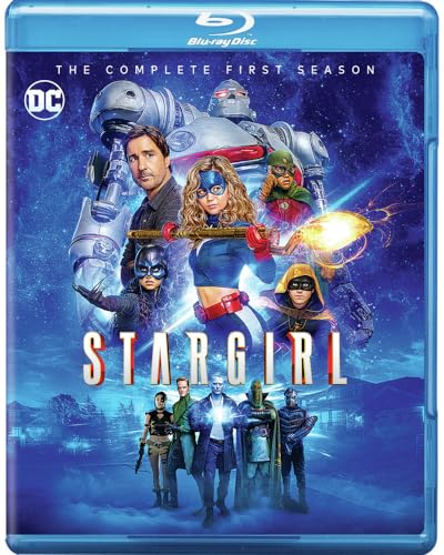 Blu-ray cover for "Stargirl" featuring superheroes and a cosmic background.