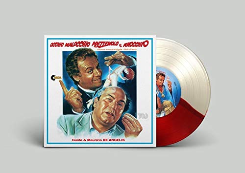 Vinyl record with colorful cover art featuring three men in performance.