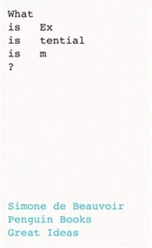 White book cover with teal text: "What is Existentialism?" by Simone de Beauvoir.