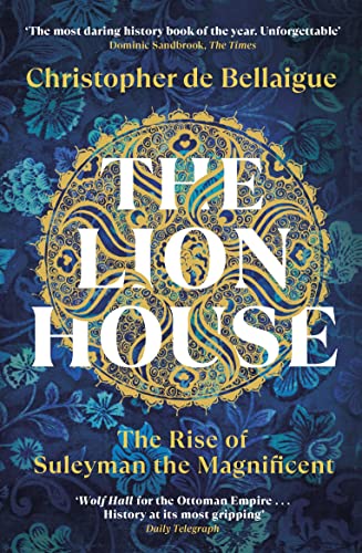 Book cover for The Lion House featuring a gold circular pattern on blue floral background.