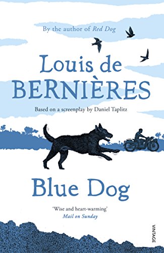 Book cover: running black dog, motorcycle, birds, and blue landscape.