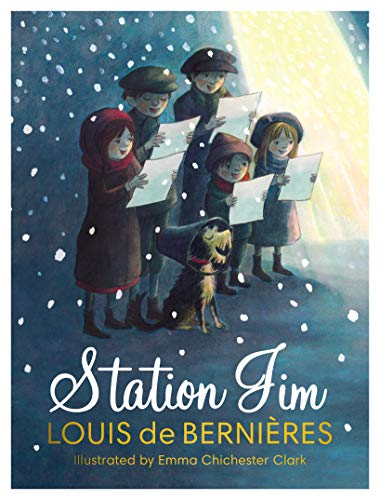 Children with a dog sing in the snow, book cover illustration.