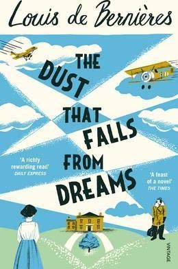 "The Dust that Falls from Dreams" book cover with whimsical illustrations and blue sky background.