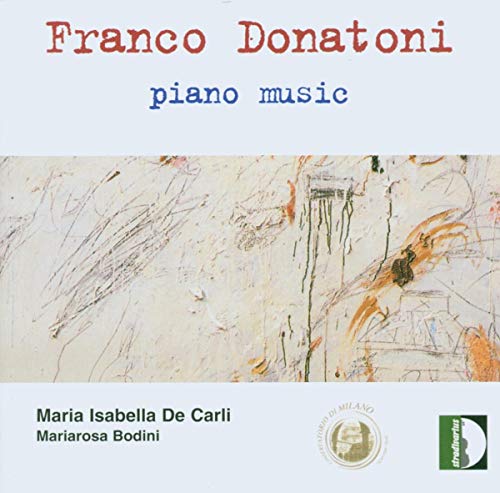 CD cover with abstract painting and text "Franco Donatoni piano music" on a white background.