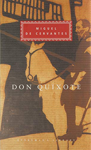 Book cover for "Don Quixote" depicting a rider and horse in sepia tones.