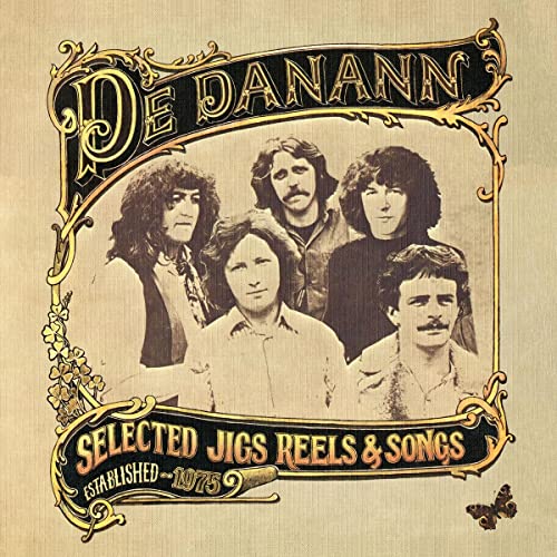 CD cover for De Danann’s “Selected Jigs Reels & Songs” featuring five musicians.
