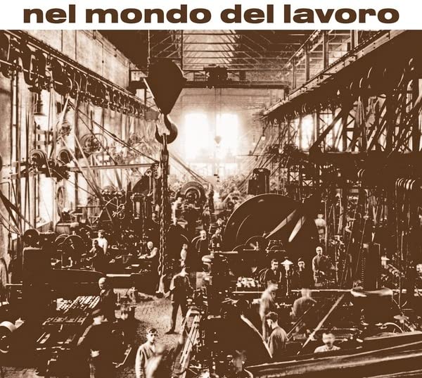 Sepia-toned vinyl record cover depicting a busy, vintage factory interior.