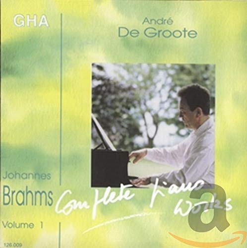 CD cover: pianist André De Groote, Brahms' piano works, green background.