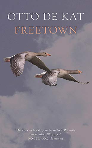 Book cover for "Freetown" featuring two geese in flight against a purple sky.