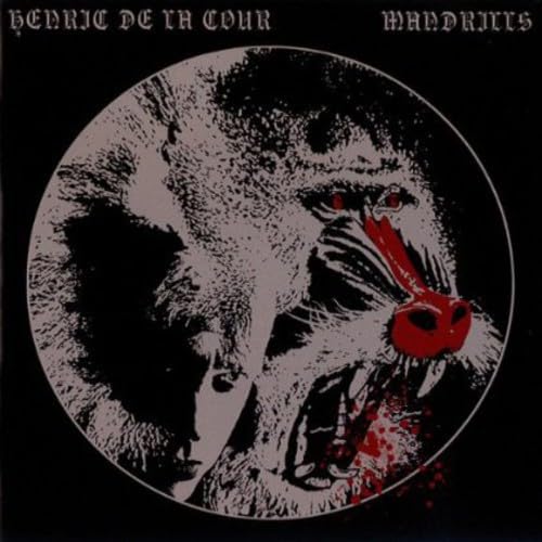 CD cover: black and white mandrill monkey face with red mouth.
