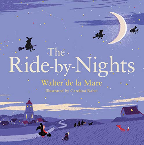 Book cover: witches flying under a crescent moon over a village.
