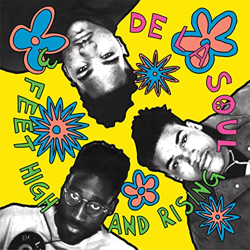De La Soul album cover, vibrant yellow background with band members and flowers.