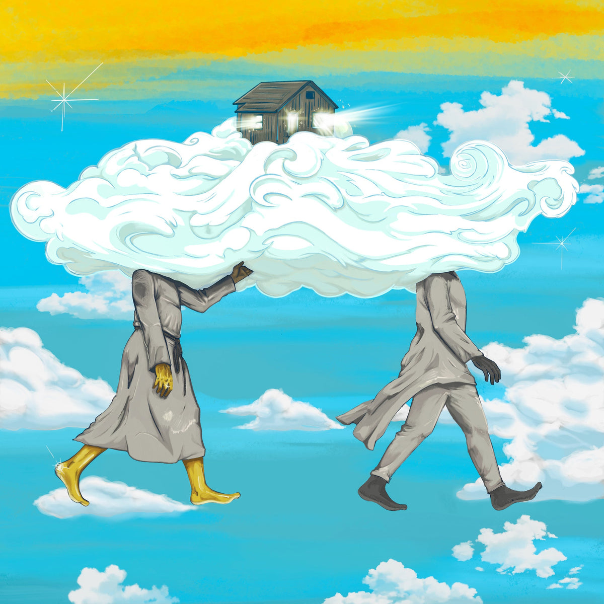 Album cover: two figures walking toward a cabin on clouds.