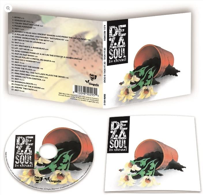 De La Soul is Dead CD packaging featuring a tipped-over flower pot and tracklist.