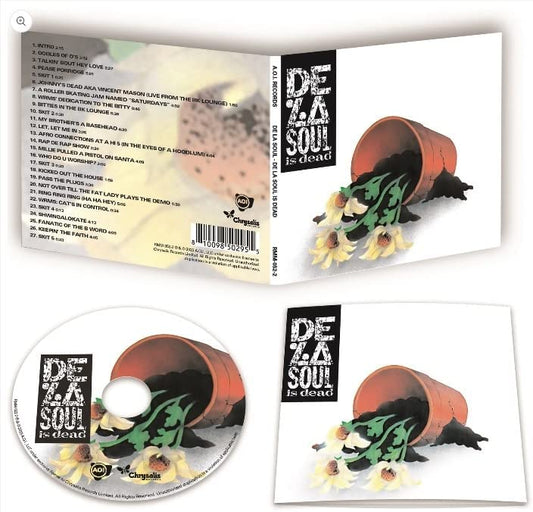 De La Soul is Dead CD packaging featuring a tipped-over flower pot and tracklist.