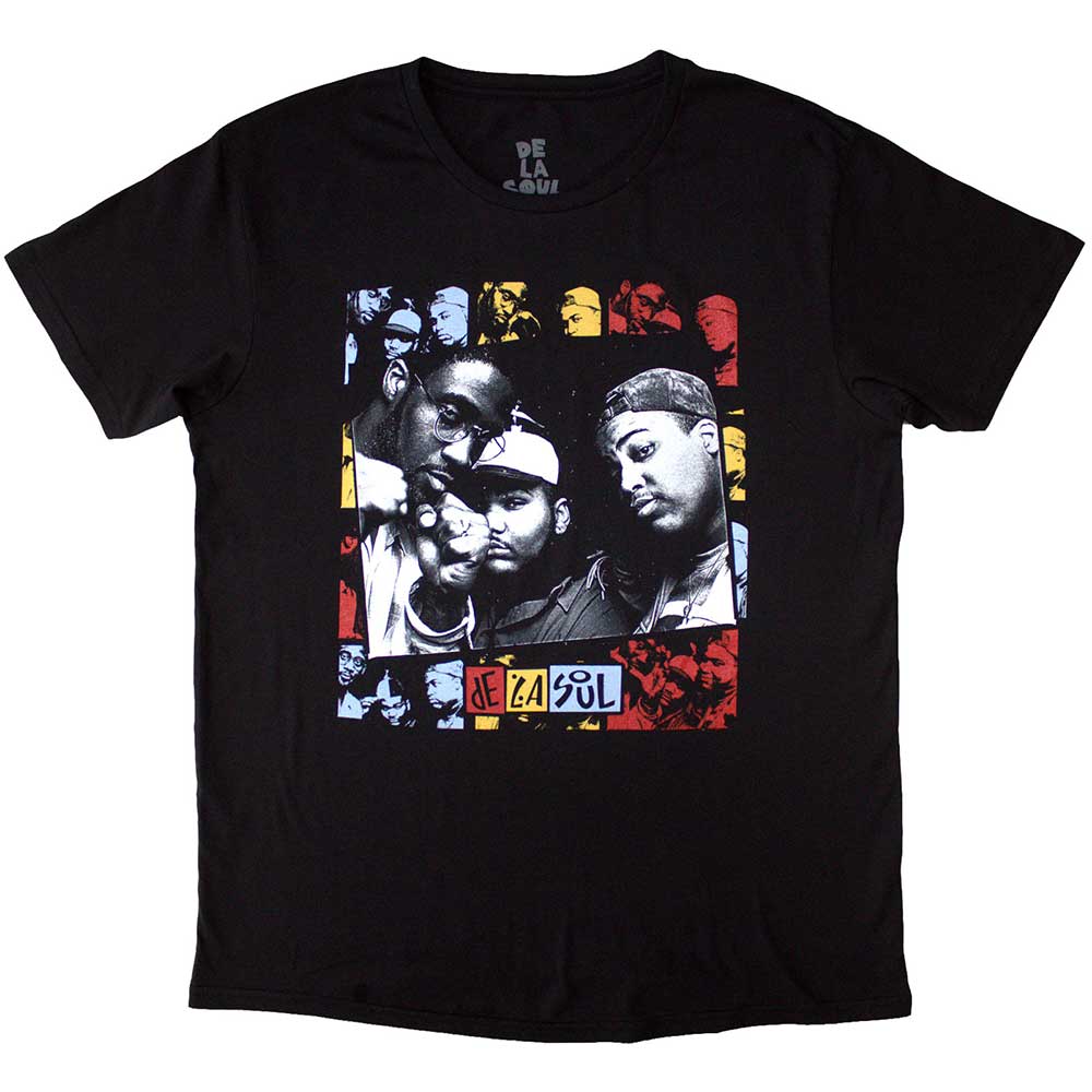 A black unisex t-shirt featuring a colorful collage graphic of the group De La Soul.