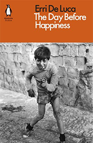 Book cover: “The Day Before Happiness” featuring a boy running.