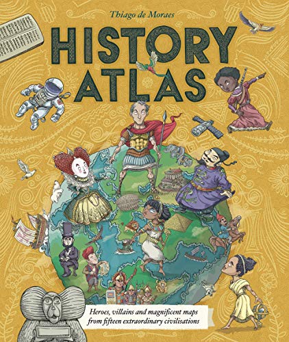 Colorful illustrated cover of "History Atlas" featuring diverse historical figures.