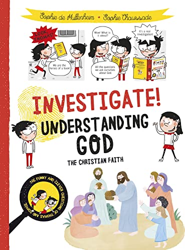 Book cover with cartoon children, magnifying glass, and biblical scene.