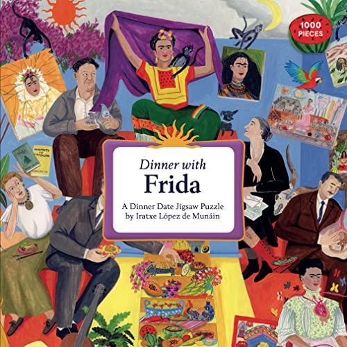 Book cover featuring Frida Kahlo at a dinner table with vibrant Mexican-inspired artwork.