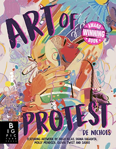 Book cover: colorful illustration of a person with raised fist, text “Art of Protest”.