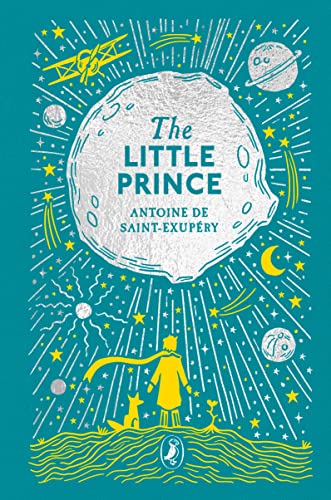 Book cover of "The Little Prince" with a boy, fox, and moon.