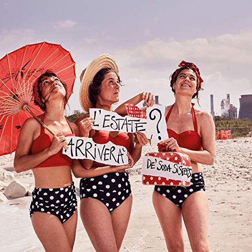Three women in swimwear hold signs questioning if summer will arrive.
