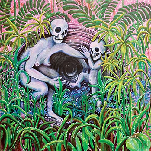 CD cover art: skeletal figures amidst lush, colorful tropical foliage.