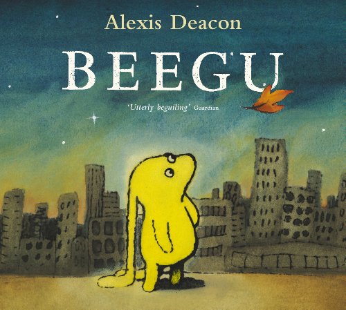 Yellow, childlike creature stands before a city skyline under a blue sky.