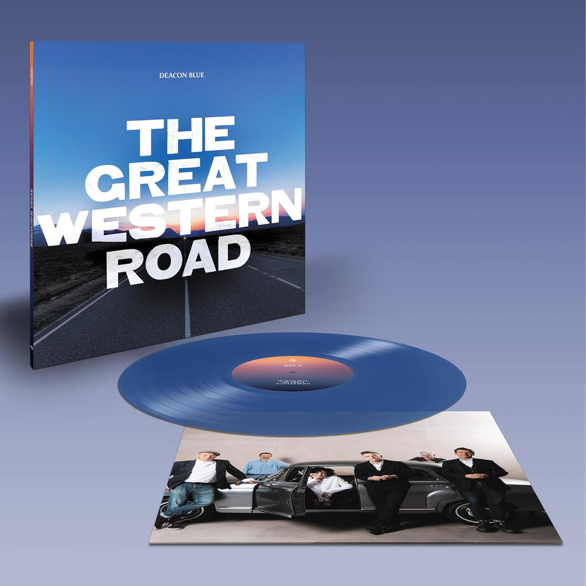 Deacon Blue album cover, transparent blue vinyl record, and band photo.